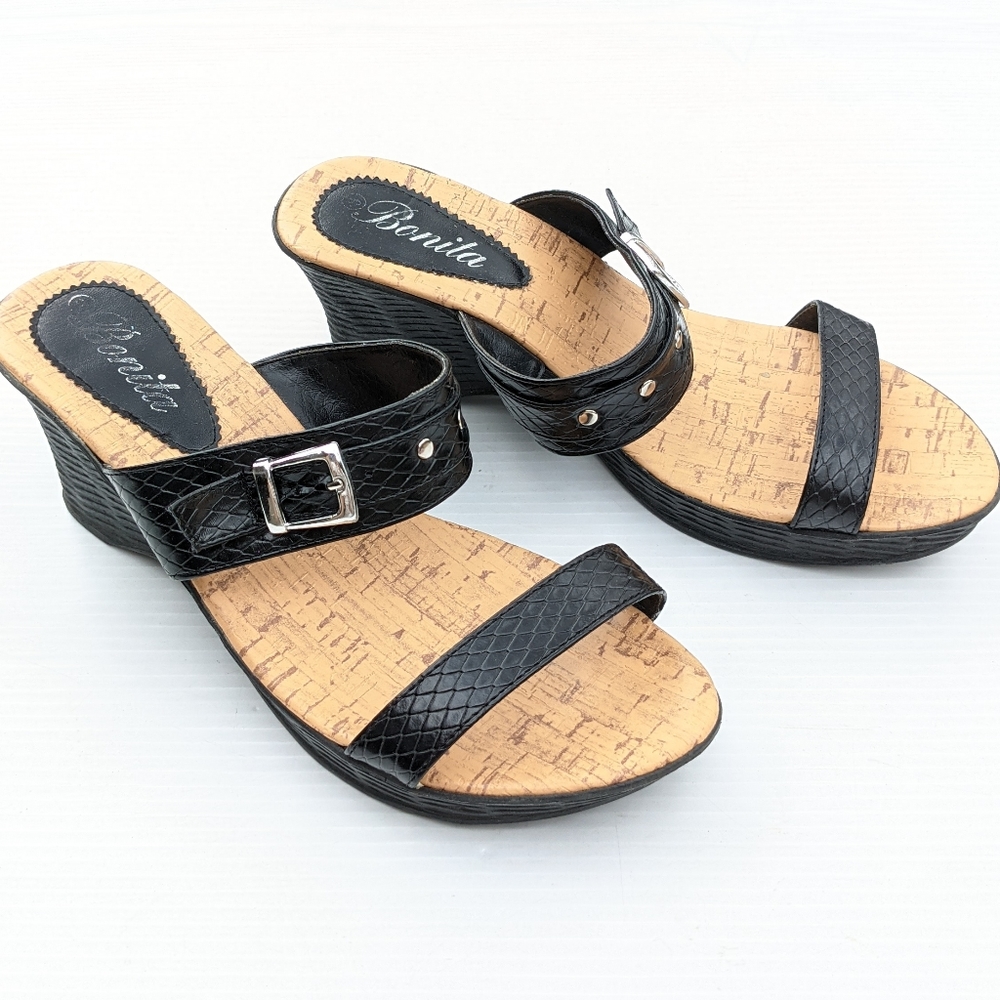 BONITA women's double strap black platform wedge slide Dress sandals Size 9 - Picture 9 of 9